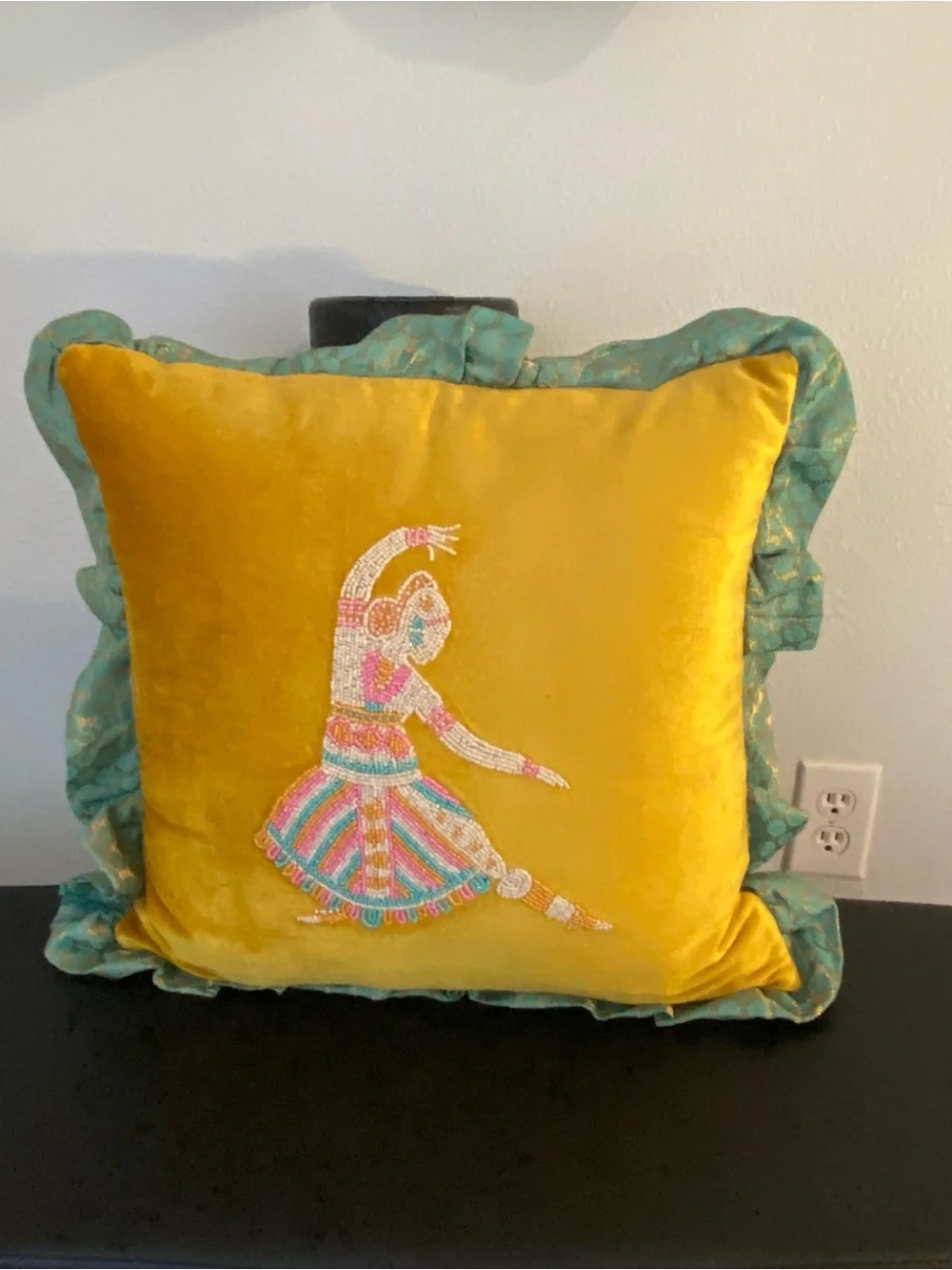 Embroidered Dancer Velvet Throw Pillow in Mustard Yellow with Teal Ruffle